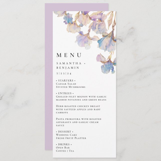Menu Élégant Mariage floral Iris (Devant / Derrière)