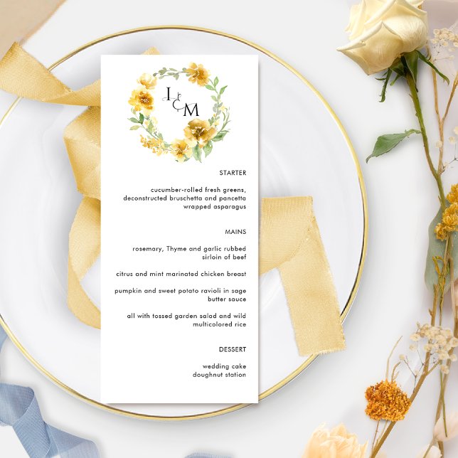 Menu Élégant Mariage Floral Jaune (Créateur téléchargé)