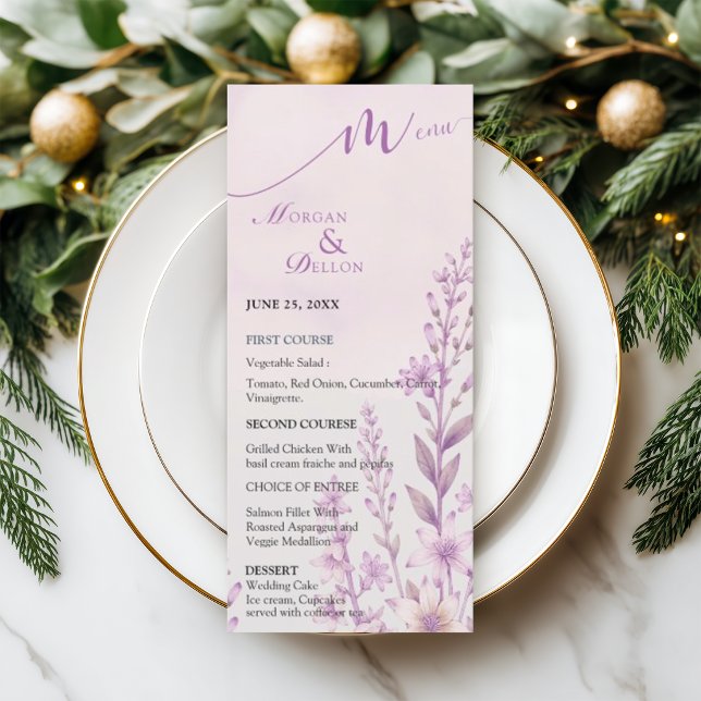 Menu Élégant Mariage Floral Lavande Douce  (Créateur téléchargé)