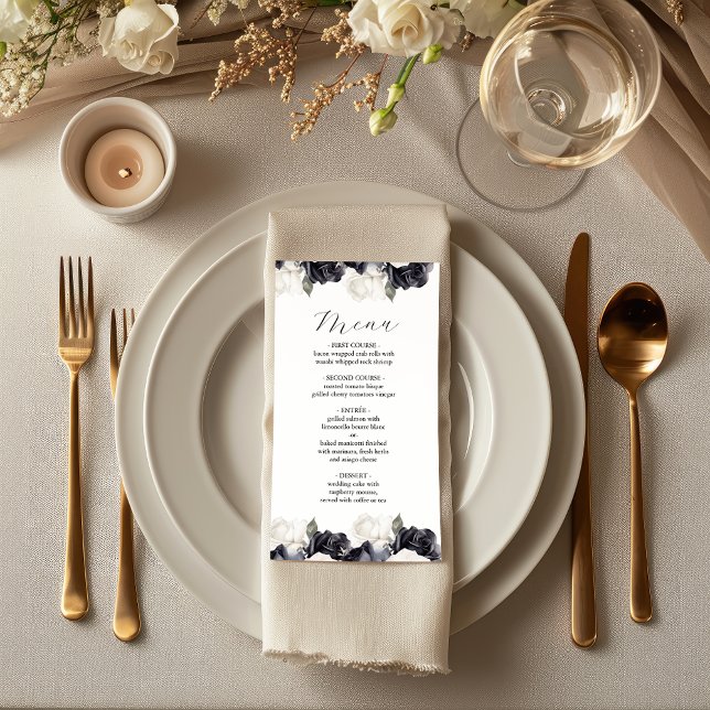 Menu Élégant Mariage floral noir et blanc (Créateur téléchargé)