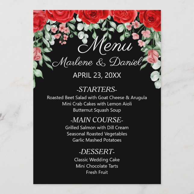 Menu Élégant Mariage Floral Noir Et Rouge (Devant)
