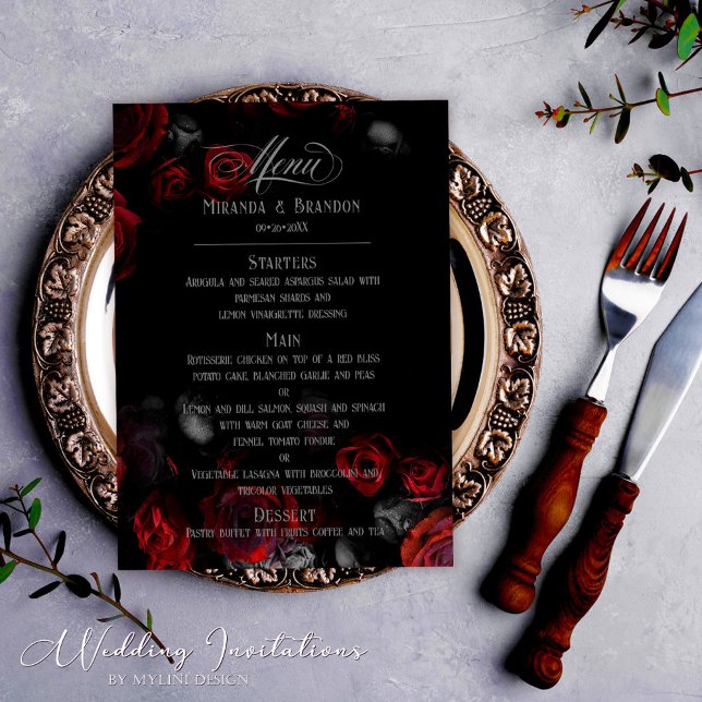Menu Élégant Mariage floral noir et rouge personnalisé (Créateur téléchargé)