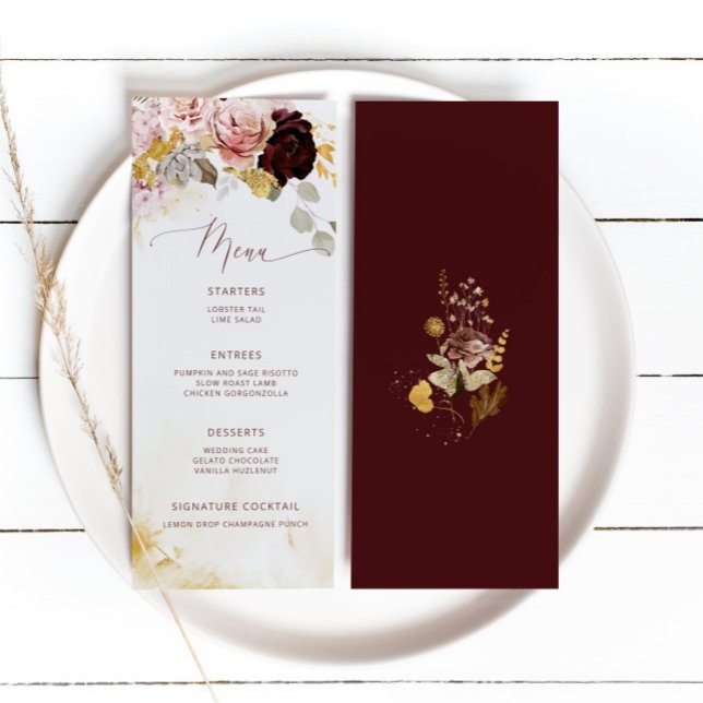 Menu Élégant mariage floral or burgundy (Créateur téléchargé)
