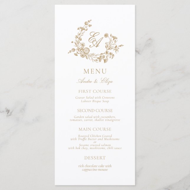 Menu Élégant Mariage Floral Or et Blanc Monogramme (Devant)