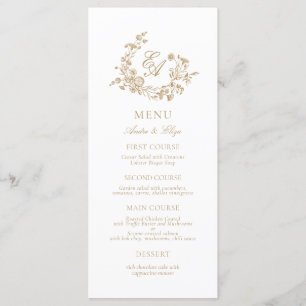 Menu Élégant Mariage Floral Or et Blanc Monogramme
