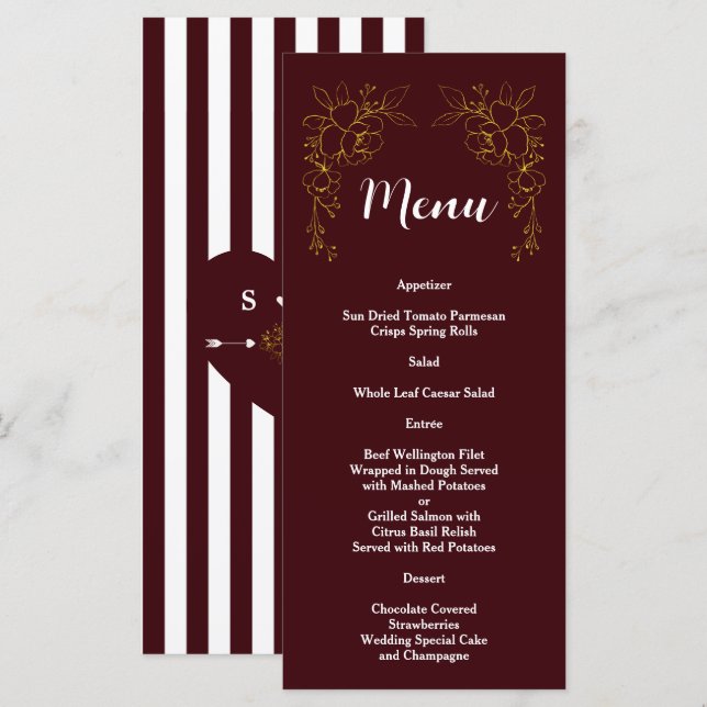 Menu Élégant mariage floral or profond bordeaux rayures (Devant / Derrière)
