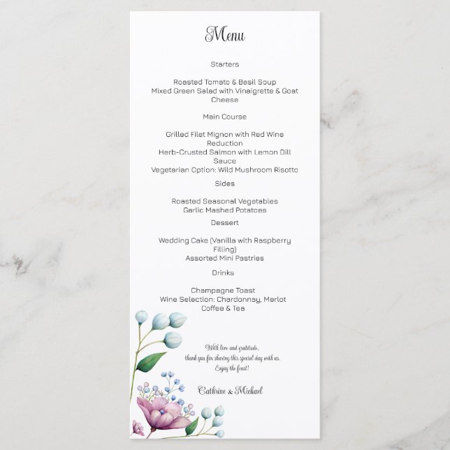 Menu Élégant Mariage Floral Soft Botanical Romance (Devant)