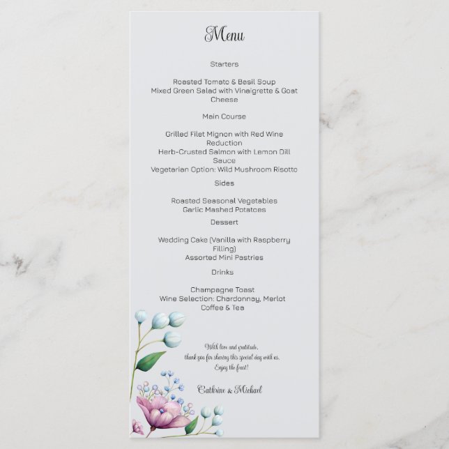 Menu Élégant Mariage Floral Soft Botanical Romance (Devant)