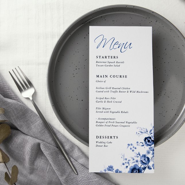 Menu Élégant Mariage Floral Toile Bleu Français Script (Créateur téléchargé)