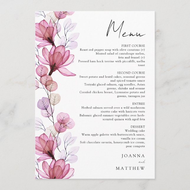 Menu Élégant Mariage floral transparent Dusty Rose (Devant)