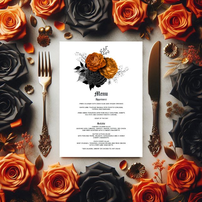 Menu Élégant Mariage gothique orange et noir (Elegant Orange and Black Gothic Wedding Menu)