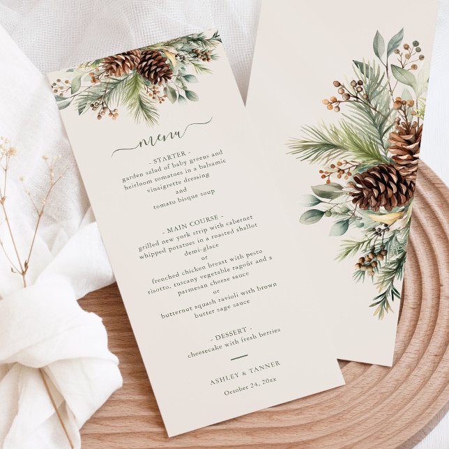 Menu Élégant mariage hivernal avec verdure de pin  (Créateur téléchargé)