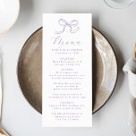 Menu Élégant Mariage Lavender Bow<br><div class="desc">Créez un écran de table rêveur et fantaisiste avec ce menu de mariage arc lavande. Un arc en lavande dessiné à la main surplombe le mot "Menu" écrit en calligraphie gracieuse, donnant un ton romantique. Customisez avec vos noms, votre date de mariage et vos détails pour un look personnalisé et...</div>