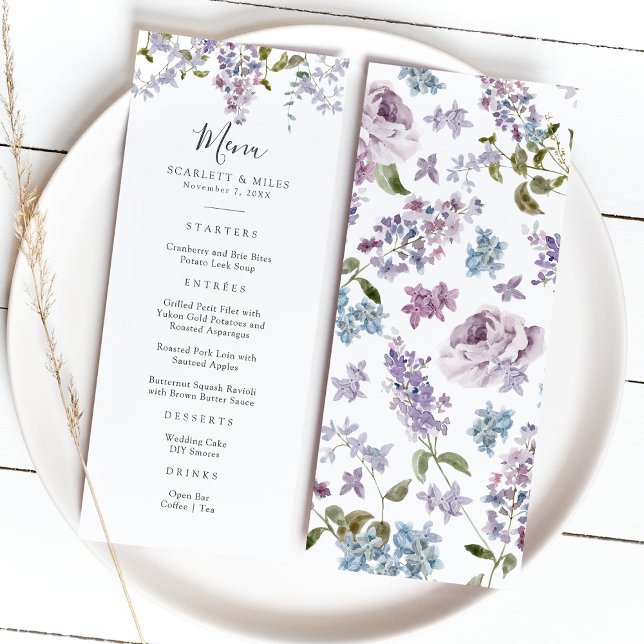Menu Élégant Mariage Lilac (Elegant Watercolor Lilac Floral Wedding Menu by Painted Paperie
)