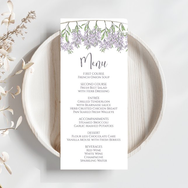 Menu Élégant Mariage Lilac Floral Script (Stylish calligraphy script together with block-style lettering. )