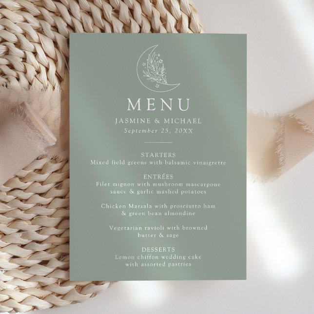Menu Élégant Mariage Lune et Étoiles Vert Sauge (Créateur téléchargé)