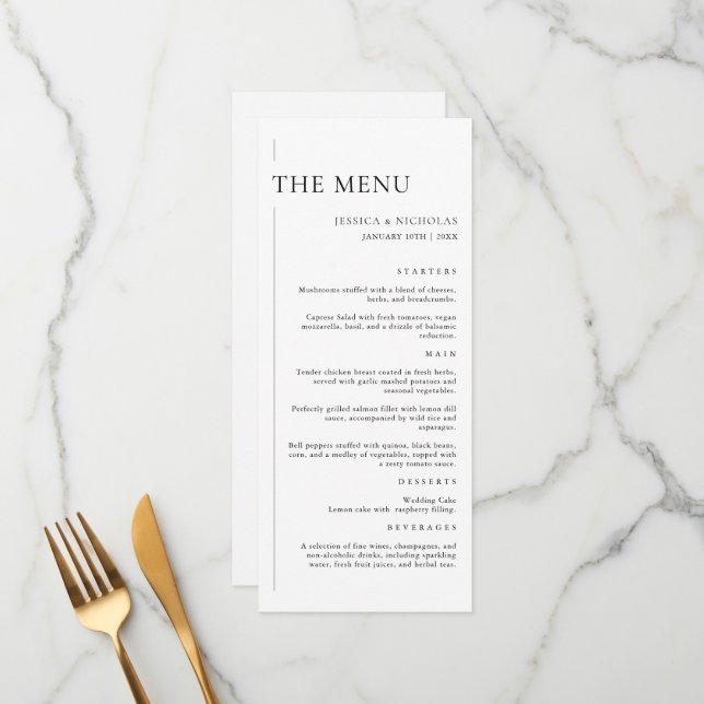 Menu Élégant Mariage minimaliste moderne noir et blanc (Devant/Arrière en situation)
