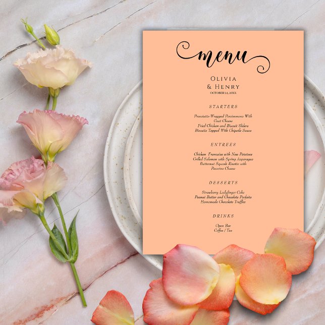 Menu Élégant mariage moderne calligraphie pêche  (Créateur téléchargé)