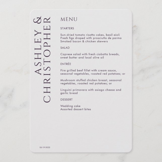 Menu Élégant Mariage moderne foncé violet (Devant)