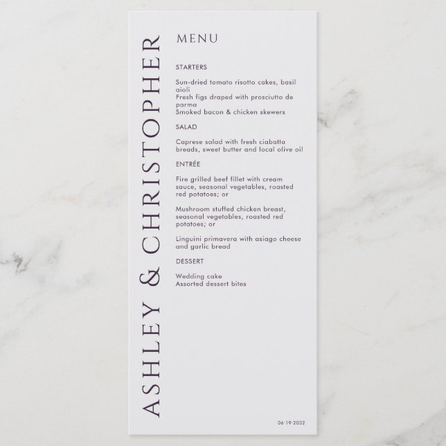 Menu Élégant Mariage moderne foncé violet (Devant)