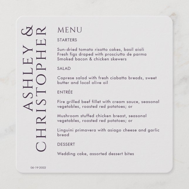 Menu Élégant Mariage moderne foncé violet (Devant)