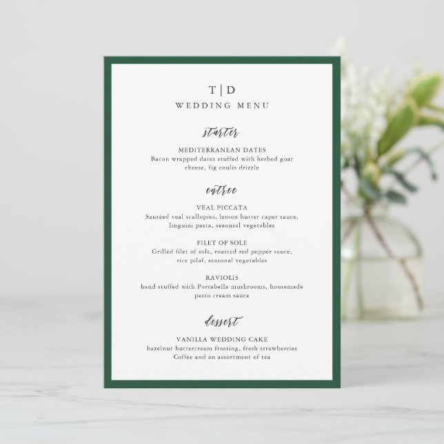 Menu Élégant Mariage Moderne Monogramme Vert Émeraude (Debout devant)