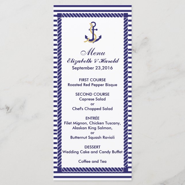 Menu Elegant Mariage Nautique Marine Stripes (Devant)