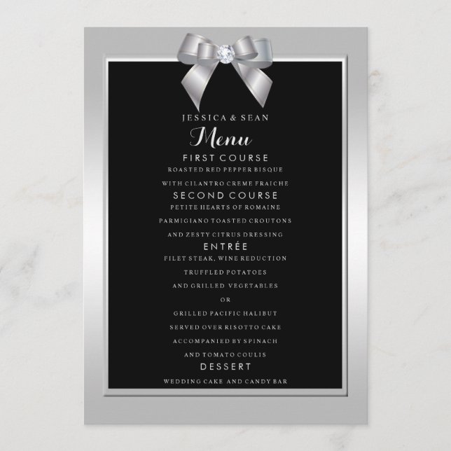 Menu Élégant Mariage noir et bow de Gem Argent (Devant)