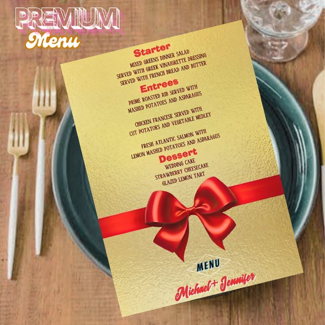 Menu Elegant Mariage or avec ruban rouge et photo (Créateur téléchargé)