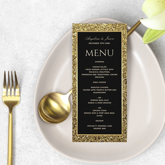 Menu Élégant Mariage Paillettes d'Or et Noir (Créateur téléchargé)