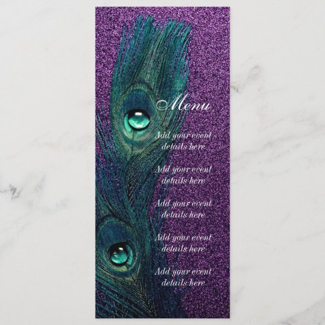 Menu Élégant Mariage Peacock bleu violet Turquoise (Devant)