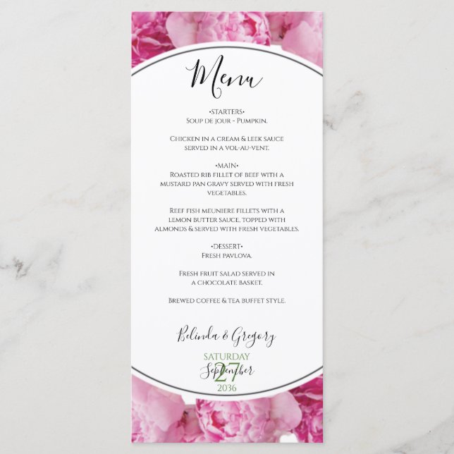 Menu Élégant Mariage Pink Peonies (Devant)