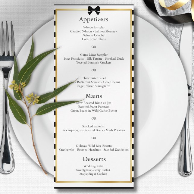 Menu Élégant Mariage Rayure Noir Blanc Cadre Doré  (Créateur téléchargé)