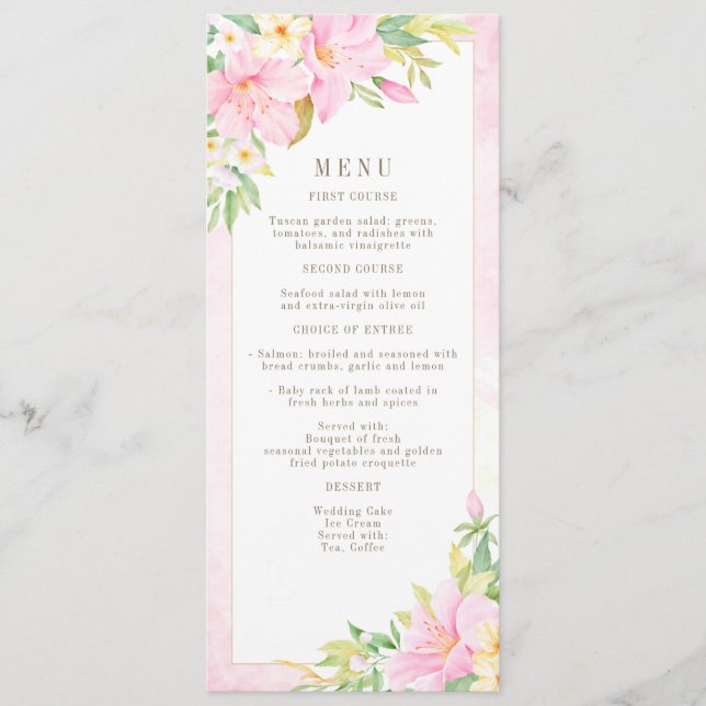 Menu Élégant Mariage rose d'aquarelle Floral Monogram (Devant)