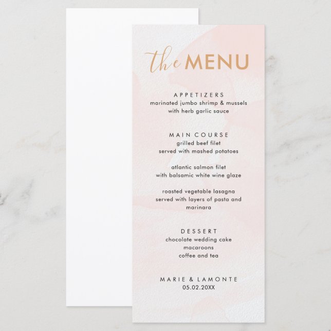 Menu Élégant Mariage rose Pastel (Devant / Derrière)