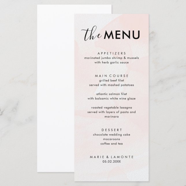 Menu Élégant Mariage rose Pastel (Devant / Derrière)