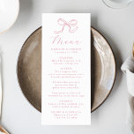 Menu Élégant Mariage Rose rose Bow<br><div class="desc">Ajoutez une touche romantique et raffinée à votre réception de mariage avec ce menu rose mariage de arc rose. Le design se compose d'un arc délicat dessiné à la main dans une teinte rose chaleureuse, associé à "Menu" écrit en calligraphie élégante au sommet. Personnalisez-le avec vos noms, votre date de...</div>