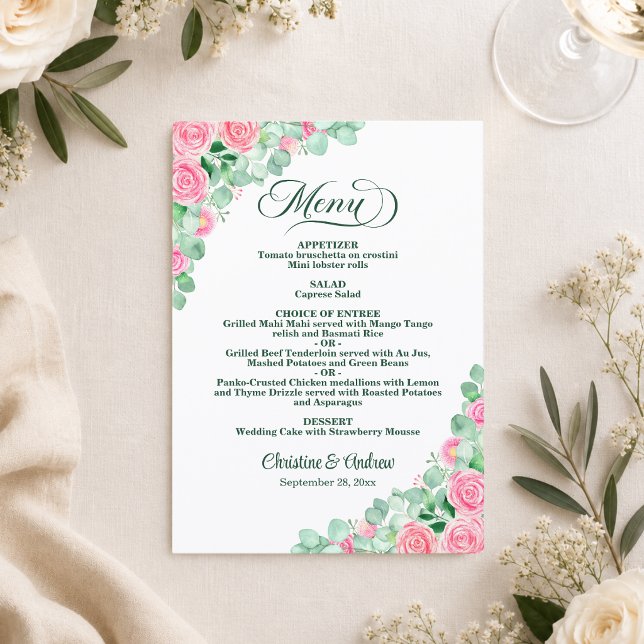 Menu Élégant Mariage Roses Eucalyptus Blush   (Créateur téléchargé)