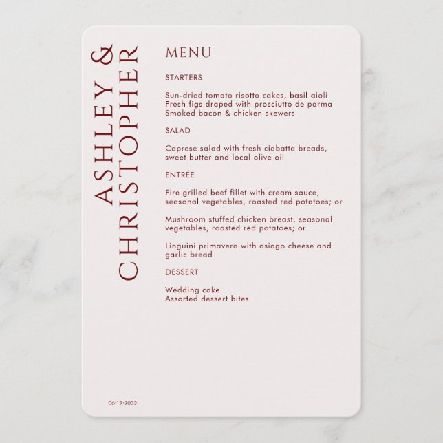 Menu Élégant Mariage rouge Crimson moderne (Devant)