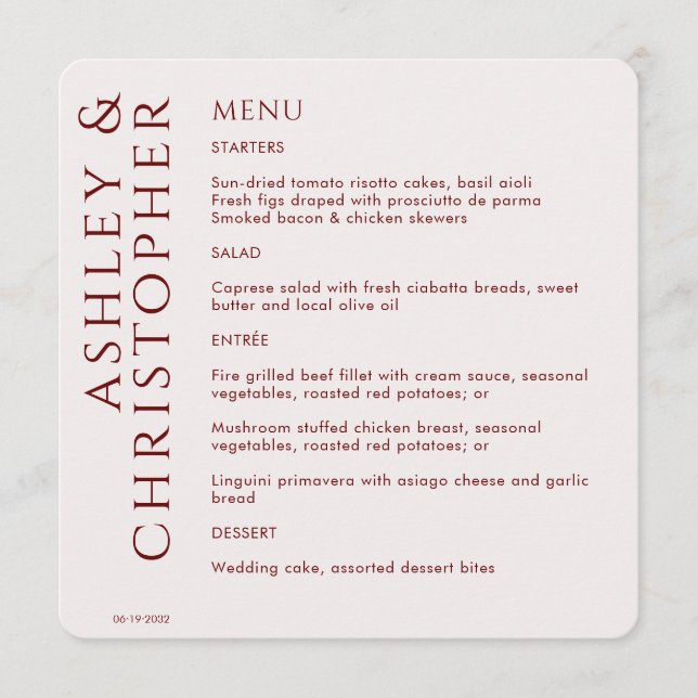 Menu Élégant Mariage rouge Crimson moderne (Devant)