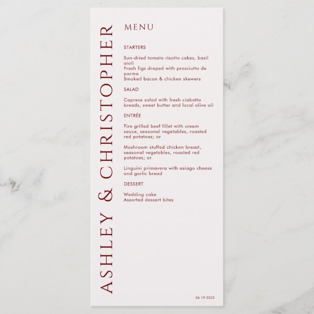 Menu Élégant Mariage rouge Crimson moderne (Devant)