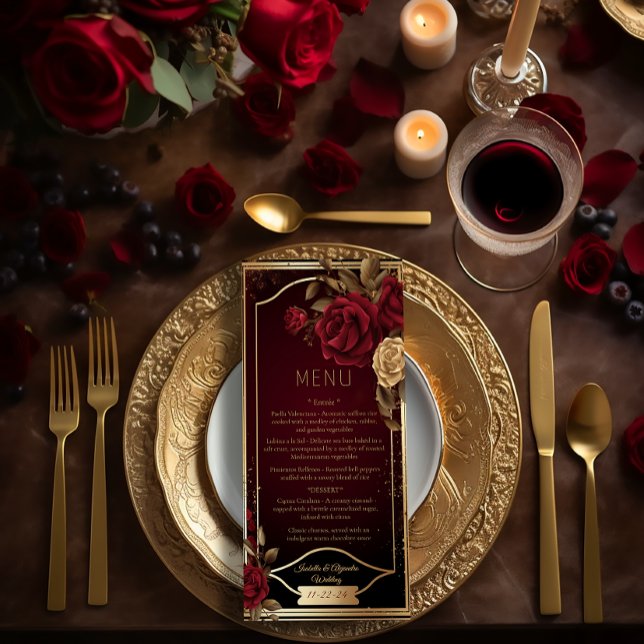 Menu Élégant Mariage rouge rose et or bordeaux foncé (Elegant Red Rose Burgundy and Gold Wedding Menu )