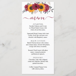 Menu Élégant Mariage rustique de tournesol floral Bourg