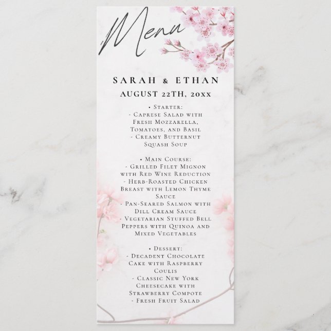 Menu Élégant Mariage Sakura rose fleuri cerisier (Devant)