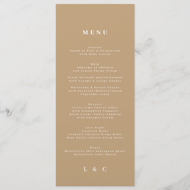 Menu Élégant Mariage simple Kraft Monogram (Devant)