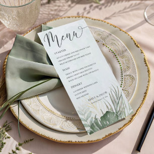 Menu Élégant mariage tropical à l'aquarelle verte