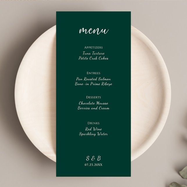 Menu Élégant Mariage vert émeraude minimal (Elegant Minimal Emerald Green Wedding Menu)