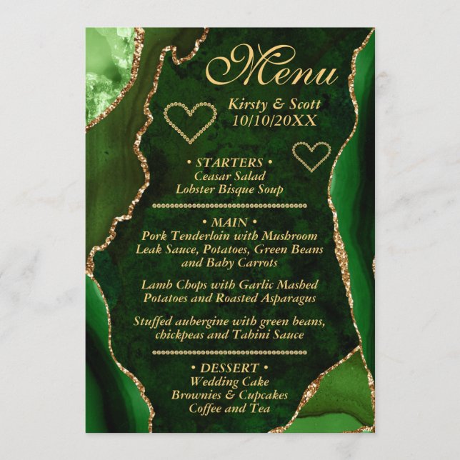 Menu Élégant Mariage Vert et Or Faux Paillettes d'Agate (Devant)