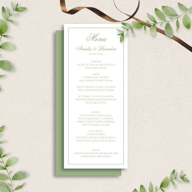 Menu Élégant mariage vert sauge & bordure blanche écrit (Créateur téléchargé)