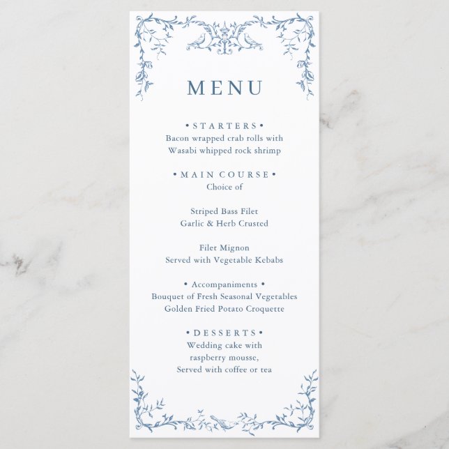 Menu Élégant Mariage victorien Orné Dusty Blue Floral (Devant)